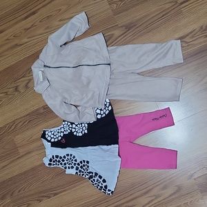 2 baby girl 6-9M outfits pink Calvin Klein tank CK Tan faux suede jacket pants